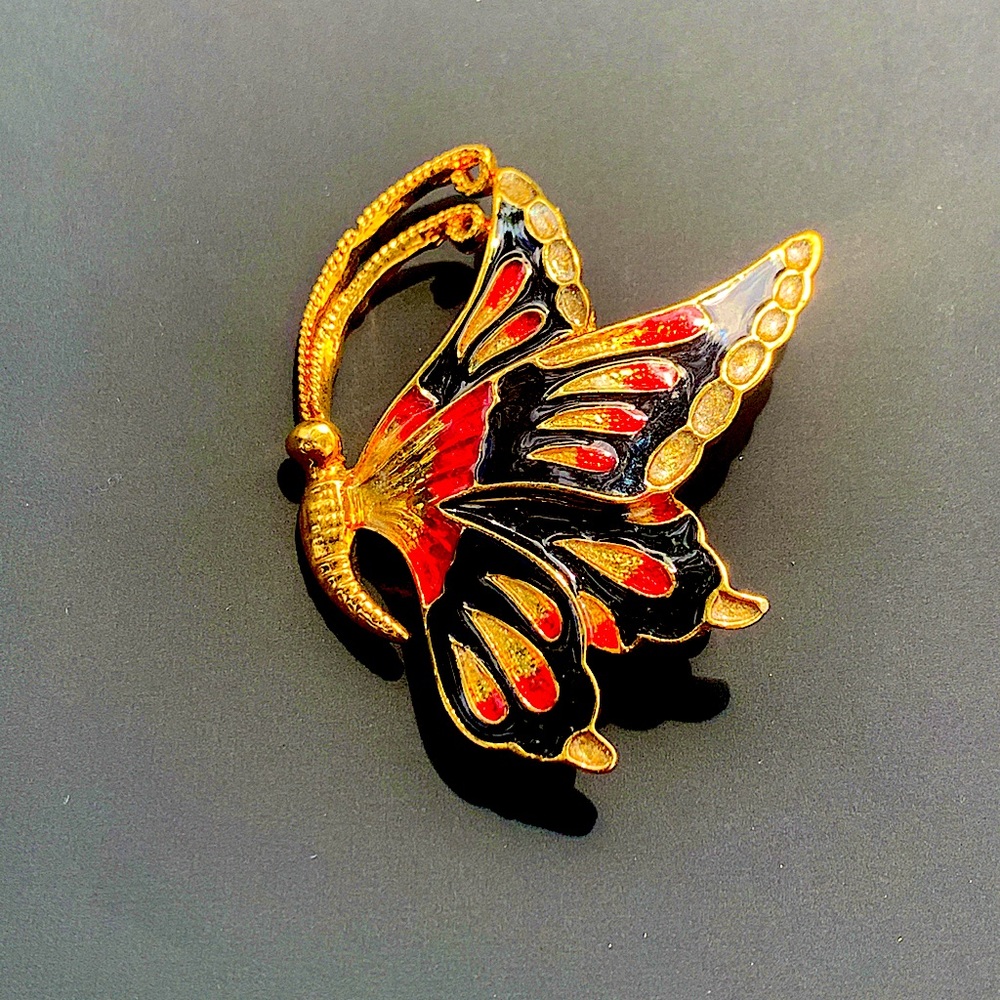 Gold - Black & Red Butterfly Brooch Pin